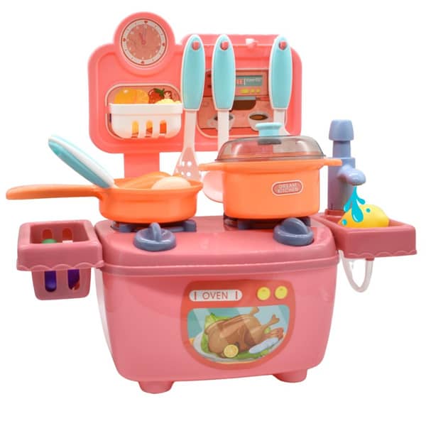 Mini cocina con accesorios y bacha 28x30x12cm. Rosa